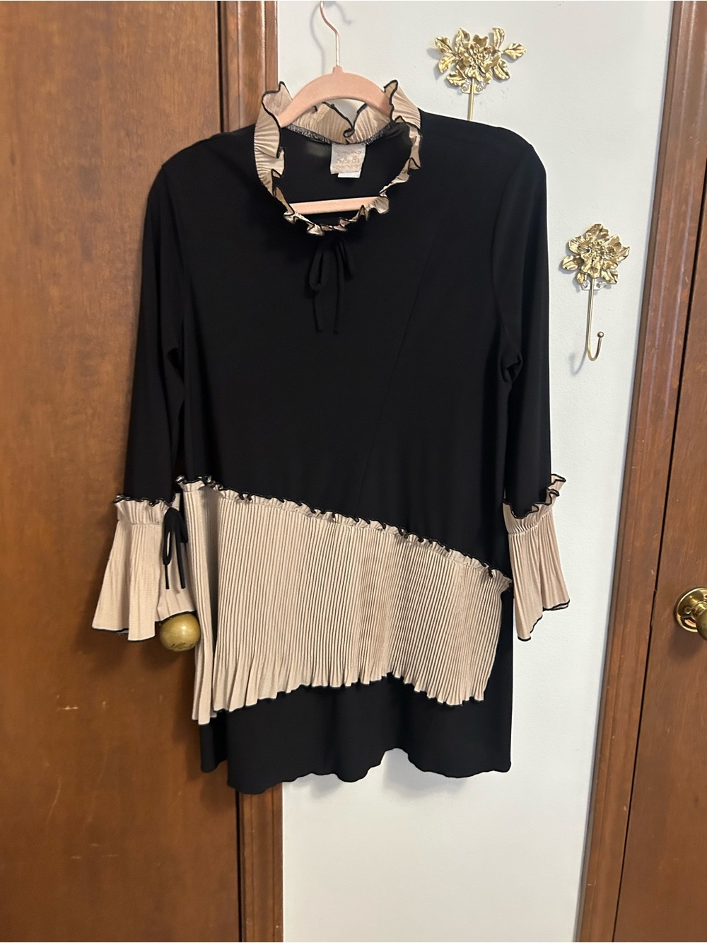Black Tunic Blouse with Cream Pleated Trim